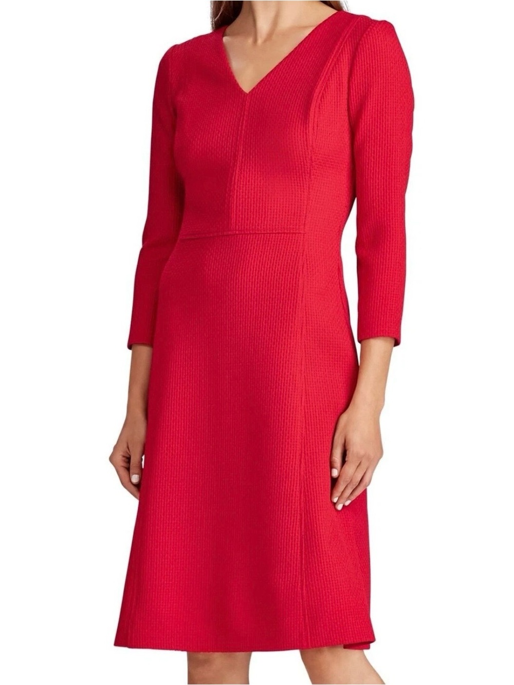 RALPH LAUREN Size 8 Red 3/4 Sleeve textured boucle jacquard Dress A-line Knee‎